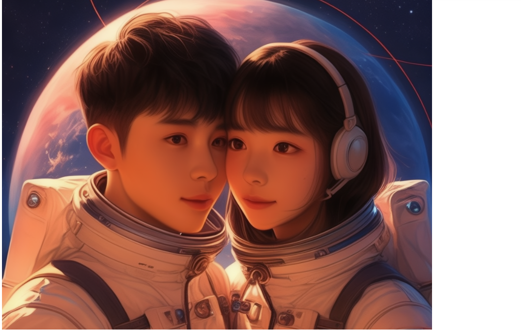 Illustration of two young astronauts close together with a blue planet and stars behind them
